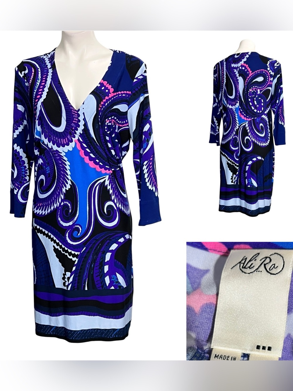 Ali Ro dress sz 12 Blue multicolor Paisley V-Neck shift knee length office retro